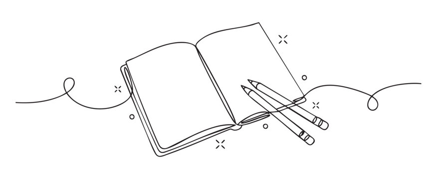 One line drawing of an open sketchbook with pencils for creative planning concept, minimalist vector illustration on transparent background for education and art design