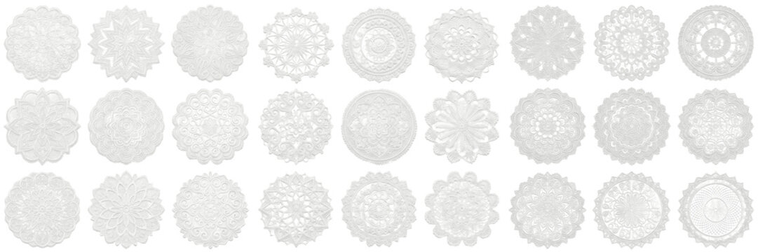 Set and collection of white lace doily pattern collection isolated on white background