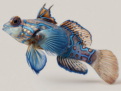 A photorealistic, ultra-detailed blue and gold dragonet fish sculpture, with flowing fins, displayed against a neutral background The detailed ceramic piece captures the fish mid-swim, - AI-Generated