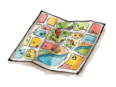 Flat, colorful hand-drawn map on paper, childlike doodle style, simple shapes, crayon and marker illustration, whimsical, playful, clear paper edges, central location marked with an exc - AI-Generated