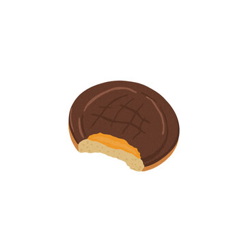 Bitten chocolate jaffa cake cookie with orange jelly isolated on white.
