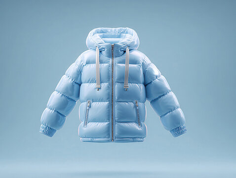 Light blue Moncler down jacket for a 12-year-old, laid flat against gray backdrop Features hood, drawstring hem with tassels, zippered pockets, double-layered cuffs, and adjustable col - AI-Generated