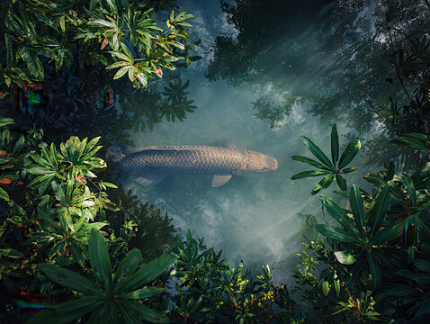 A serene scene of a large aquatic creature, possibly an arapaima or dugong, swimming in a lush Amazonian waterway under soft dawndusk lighting The water is calm and reflects surroundi - AI-Generated