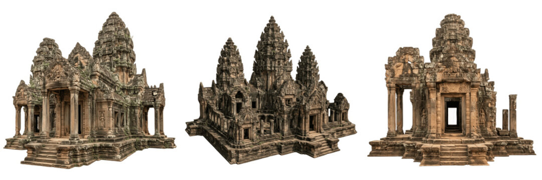 Set and collection of angkor wat temple silhouette isolated on white background