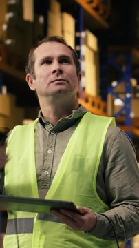 Vertical Video Warehouse staff scanning barcodes and shipment details on tablet, checking AWB labels for inventory before delivery and transportation. Fulfillment center distribution operations.