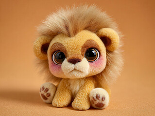 Fototapeta premium A fluffy, detailed lion cub toy with a surprised expression, sitting upright on a flat surface Soft fur textures, warm golden tones, large eyes with long eyelashes and eyebrows, subtle - AI-Generated