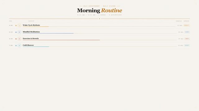 Daily morning routine timeline with activities exercise meditation breakfast and deep work