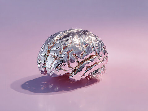 Detailed silver and platinum human brain sculpture under cinematic lighting, on a lavender-pink gradient backdrop Hyperrealistic depiction of gyri and sulci - AI-Generated