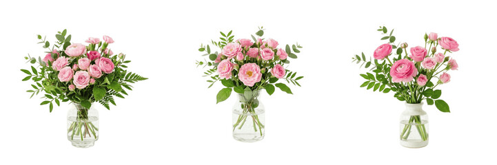 Obraz premium Set and collection of bouquet of pink roses isolated on white background