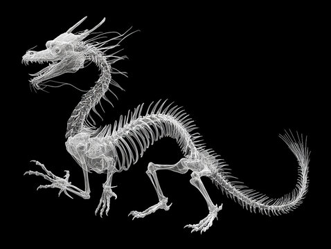 Detailed anatomical drawing of a Chinese dragon skeleton, suspended against a black background A three-dimensional representation showcasing white bones and joints with clarity Artifi - AI-Generated