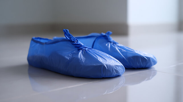 Pair of blue disposable shoe covers on a light-colored, clean floor, highlighting protection, hygiene, and cleanliness in a professional indoor setting