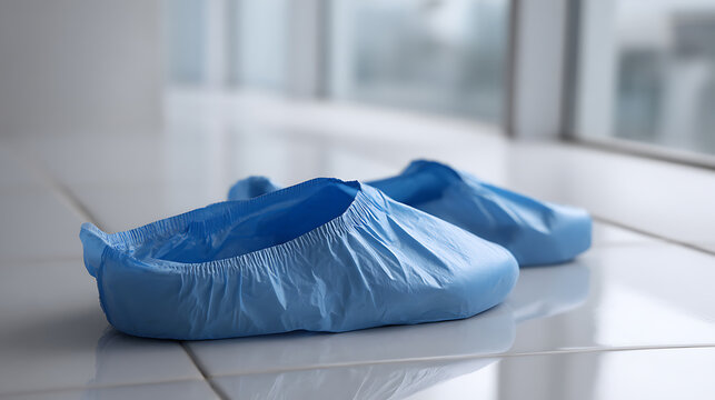 Pair of blue disposable shoe covers on a clean, light-colored tiled floor, symbolizing hygiene, medical safety, and protective measures