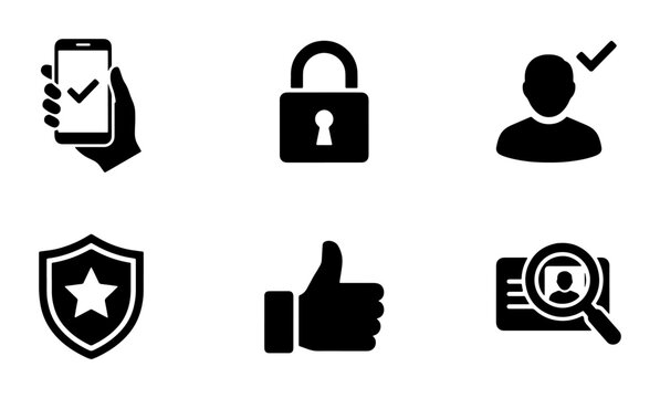 Security Icons Set: Mobile Authentication, Locked Padlock, Verified User, Shield Protection, Thumbs Up Approval, ID Verification, Vector Graphics