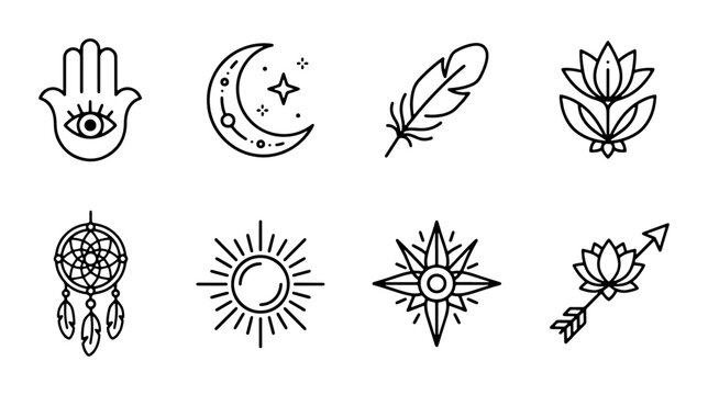 Bohemian Celestial Icons, Mystical Symbols Collection, Spiritual Dreamcatcher, Moon, Sun, Lotus, Feather, Hamsa Hand, Vector Graphics for Esoteric Designs
