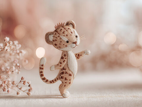A cute, anthropomorphic cheetah mascot, standing upright on a bed of pink petals in a delicate embroidery style illustration Warm, peaceful, romantic, and poetic mood Minimalist compo - AI-Generated