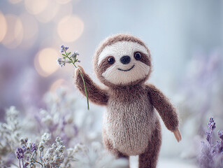 Fototapeta premium A close-up digital illustration of a cute, gray and white sloth plush toy standing on hind legs, holding a single purple flower Soft pastel color palette with a simple gradient backdro - AI-Generated