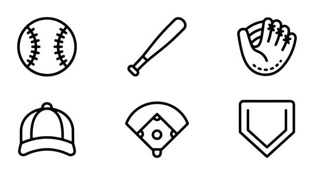 Baseball Icons Set, Vector Graphics for Sports and Games, Minimalist Outline Symbols for Athletic Equipment and Field Elements