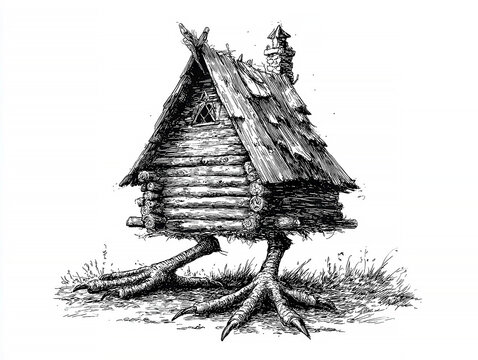 Black and white ink drawing of Baba Yagas hut on chicken legs, featuring a rustic, old wooden cottage with a pointed roof, small window, and detailed bird-like legs No additional cont - AI-Generated
