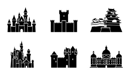 Castle Icons Vector Set, Medieval Fortress Silhouettes, Royal Palace Graphics, Fantasy Architecture Symbols, Historical Building Illustrations © Farzana