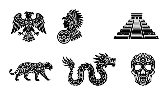 Aztec Icons Collection: Eagle, Warrior, Pyramid, Jaguar, Dragon, Skull. Traditional Mexican Cultural Symbols, Vector Graphics for Design