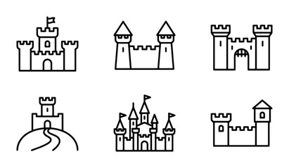 Castle Icons Set, Medieval Fortress Vector Graphics, Fantasy Kingdom Buildings, Royal Architecture Symbols, Fairytale Landmark Illustrations © Rashedul