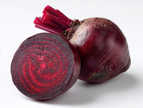 Close-up of sliced and whole beetroots on a light surface, high detail, ultra-realistic, commercial style Red beets with green tops contrast against a white background, emphasizing cir - AI-Generated