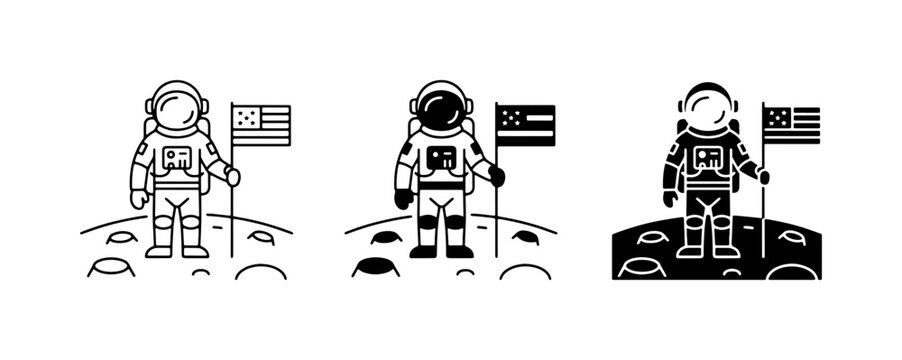 Astronaut Moon Landing Icons, Space Exploration Vector Set, American Flag on Lunar Surface, Cosmic Journey Graphics