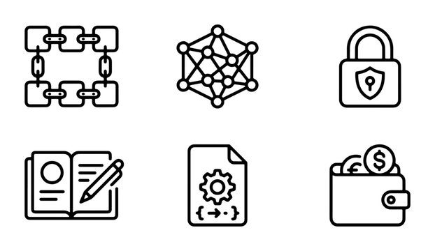 Technology Icons Set: Blockchain, Network, Security, Coding, Finance, Notes. Clean Line Art Vector Graphics for Digital Concepts.