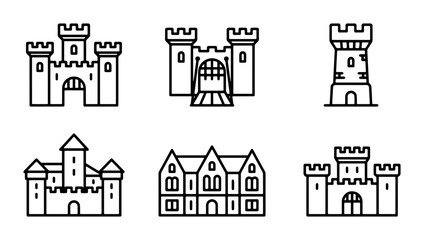 Fototapeta premium Medieval Castle Icons, Fortress Symbols, Royal Palace Graphics, Historic Architecture Vector Set