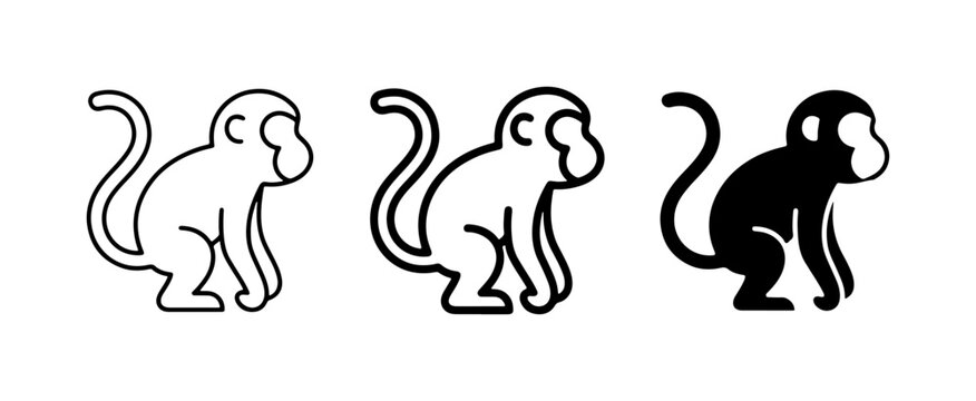 Monkey Icons Set, Simple Line Art and Silhouette Vector Graphics, Primate Symbols for Wildlife and Zoo Concepts
