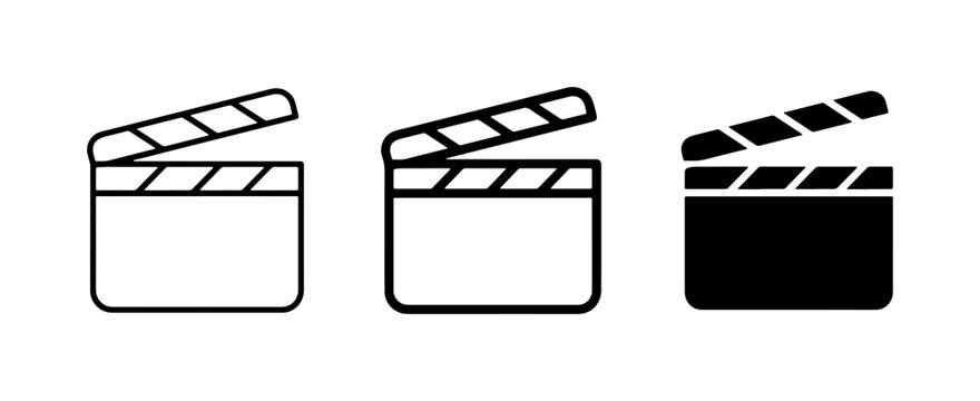 Film Clapperboard Icons: Set of 3, Outline, Filled, and Silhouette, for Movie Production and Video Creation