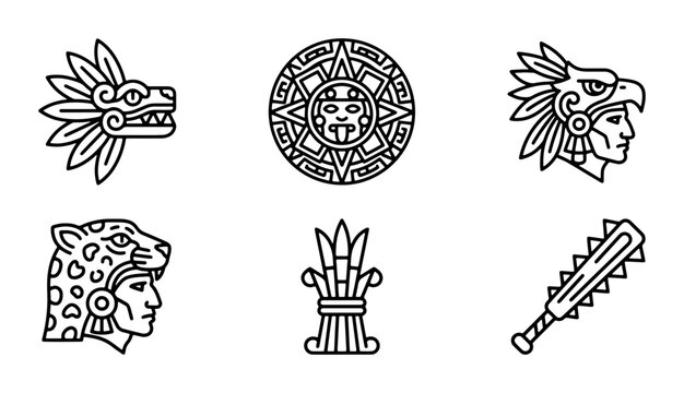 Ancient Aztec Icons Set, Mesoamerican Symbols Vector Collection, Tribal Warrior Headdress and Sun Stone Graphics, Historical Culture Elements