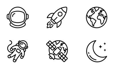 Space Icons Vector Set: Astronaut, Rocket, Earth, Moon, Satellite, Cosmic Elements for Science and Exploration Graphics © Kamrul