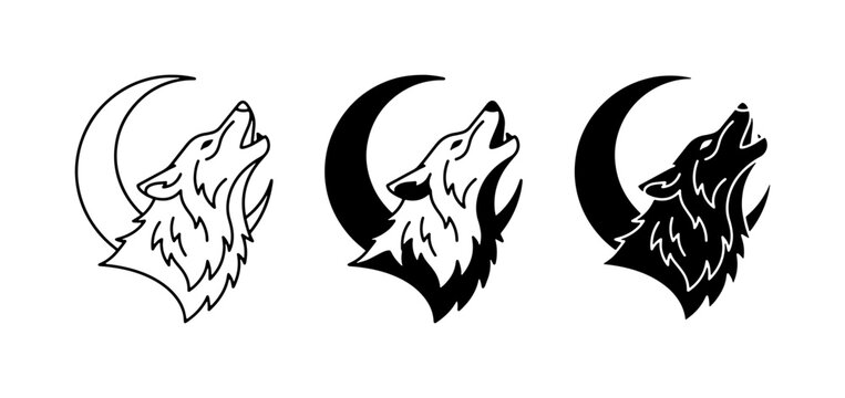 Wolf Howling at Moon Vector Icons, Minimalist Animal Silhouette and Black Silhouette Designs, Emblematic Wildlife Graphics