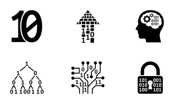 Digital Data Icons Set: Binary Code, AI Brain, Network Circuit, Binary Tree, Growth Arrow, Security Lock, Technology Concepts