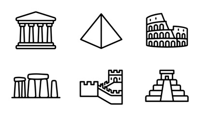Fototapeta premium Ancient Wonders Vector Icons Set, Historical Landmarks Collection, Iconic Architecture Symbols, Global Heritage Monument Graphics