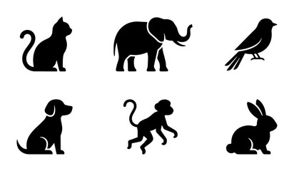 Set of 6 Animal Silhouettes: Cat, Elephant, Bird, Dog, Monkey, Rabbit Icons, Vector Graphics for Wildlife and Pet Themes © Sultana