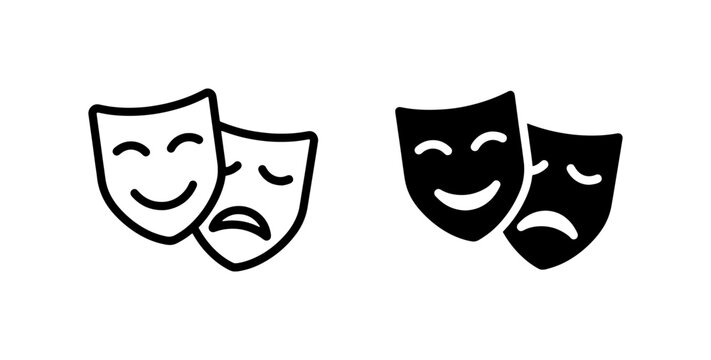 Comedy and Tragedy Theater Masks Vector Icons, Classic Drama Symbols, Performance Art Duo, Entertainment Icons, Black and White Outline and Solid Fill