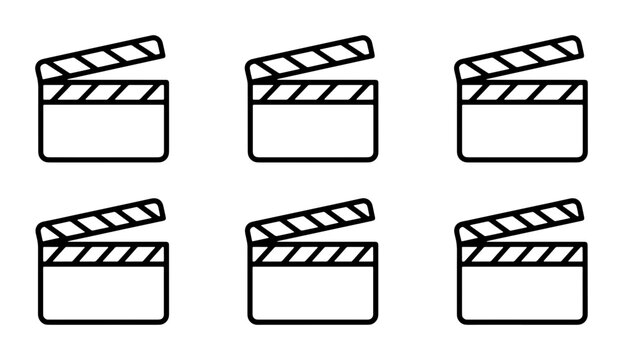 Six Clapperboard Icons, Film Production Symbols, Movie Making Equipment, Cinema Industry Graphics, Vector Set