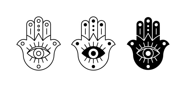 Hamsa Hand Evil Eye Symbols, Protective Amulets, Mystical Talisman Icons, Black and White Vector Graphics