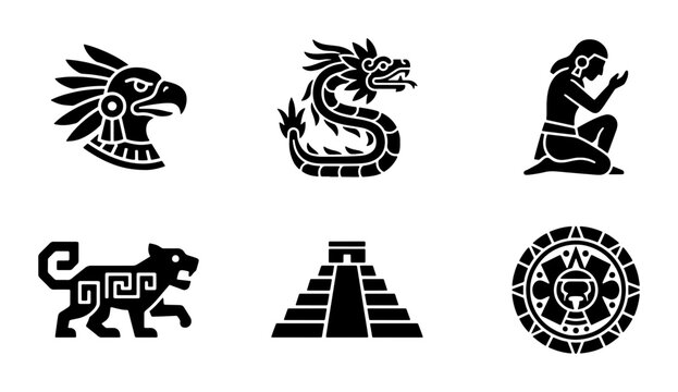 Ancient Mesoamerican Icons: Aztec Eagle Warrior, Serpent Dragon, Kneeling Figure, Jaguar, Pyramid, Sun Calendar. Vector Symbols for Culture, History, Mythology.