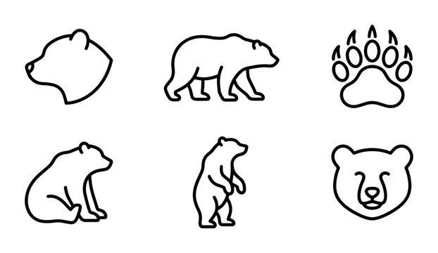Minimalist Bear Icons Set, Vector Graphics of Wildlife Animals, Simple Outline Illustrations for Nature Themes, Cute Bear Paws and Faces