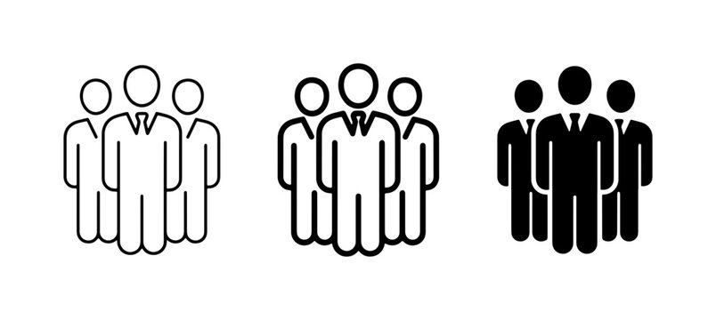 Professional business team icons set, corporate group of people symbols, minimalist line and solid black staff silhouettes, leadership and workforce vector