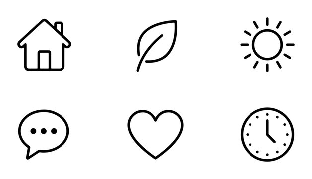 Minimalist line icon set of 6 vector elements, black outline web icons including house leaf sun speech bubble heart and clock, modern UI interface symbols