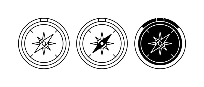 Minimalist compass icon set, black and white navigation symbols, three vector compasses for travel and adventure maps