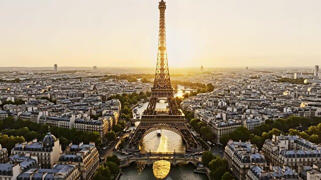 Eiffel Tower aerial tilt-up at sunset over Seine River, cinematic Paris cityscape during golden hour, luxury travel destination marketing, iconic French landmark and tourism.