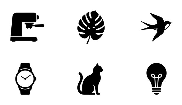 Minimalist black silhouette icon set, collection of 6 flat vector symbols including espresso machine, monstera leaf, bird, watch, cat, and lightbulb