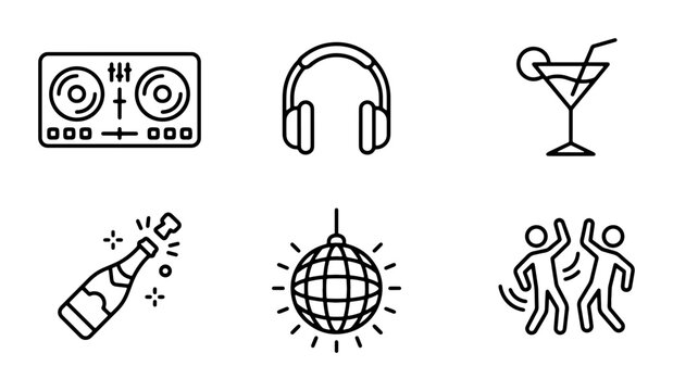 Minimalist nightlife icons set, 6 black line party elements, DJ equipment and clubbing symbols, disco ball and dancing people vector graphics