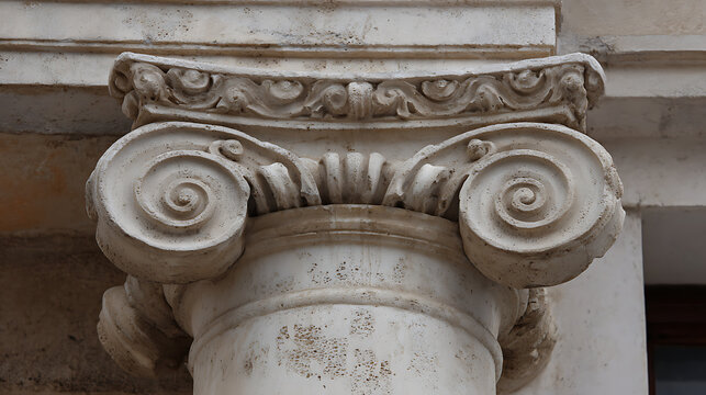 Ancient architectural detail of an ionic order column capital featuring decorative volutes and intricate carvings on a historical building, close up