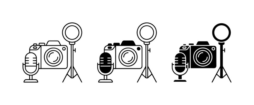 Content Creator Kit Icons: Camera, Microphone, Ring Light Set for Podcasting, Vlogging, Photography, and Streaming Graphics